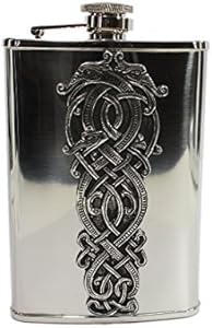 Mullingar Pewter Irish Whiskey Flask Stainless Steel & Pewter Celtic Dragon Made in Ireland