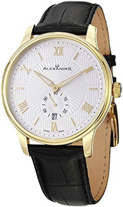 Alexander Statesman Regalia Men's Black Leather Strap Yellow Gold Plated Swiss Made Watch A102-03