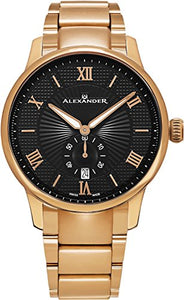 Alexander Statesman Regalia Bracelet Wrist Watch For Men - Black Dial Date Small Seconds Analog Swiss Watch - Stainless Steel Plated Rose Gold Watch - Mens Designer Watch A102B-05