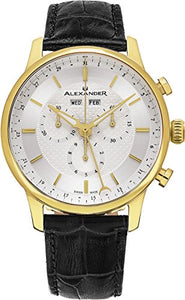 Alexander Statesman Chieftain Wrist Watch For Men - Black Leather Analog Swiss Watch - Stainless Steel Plated Yellow Gold Watch - Silver Dial Day Date Month Mens Chronograph Watch A101-07