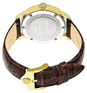 Alexander Statesman Regalia Wrist Watch For Men - Brown Leather Analog Swiss Watch - Stainless Steel Plated Yellow Gold Watch - Silver White Dial Date Small Seconds Mens Designer Watch A102-07