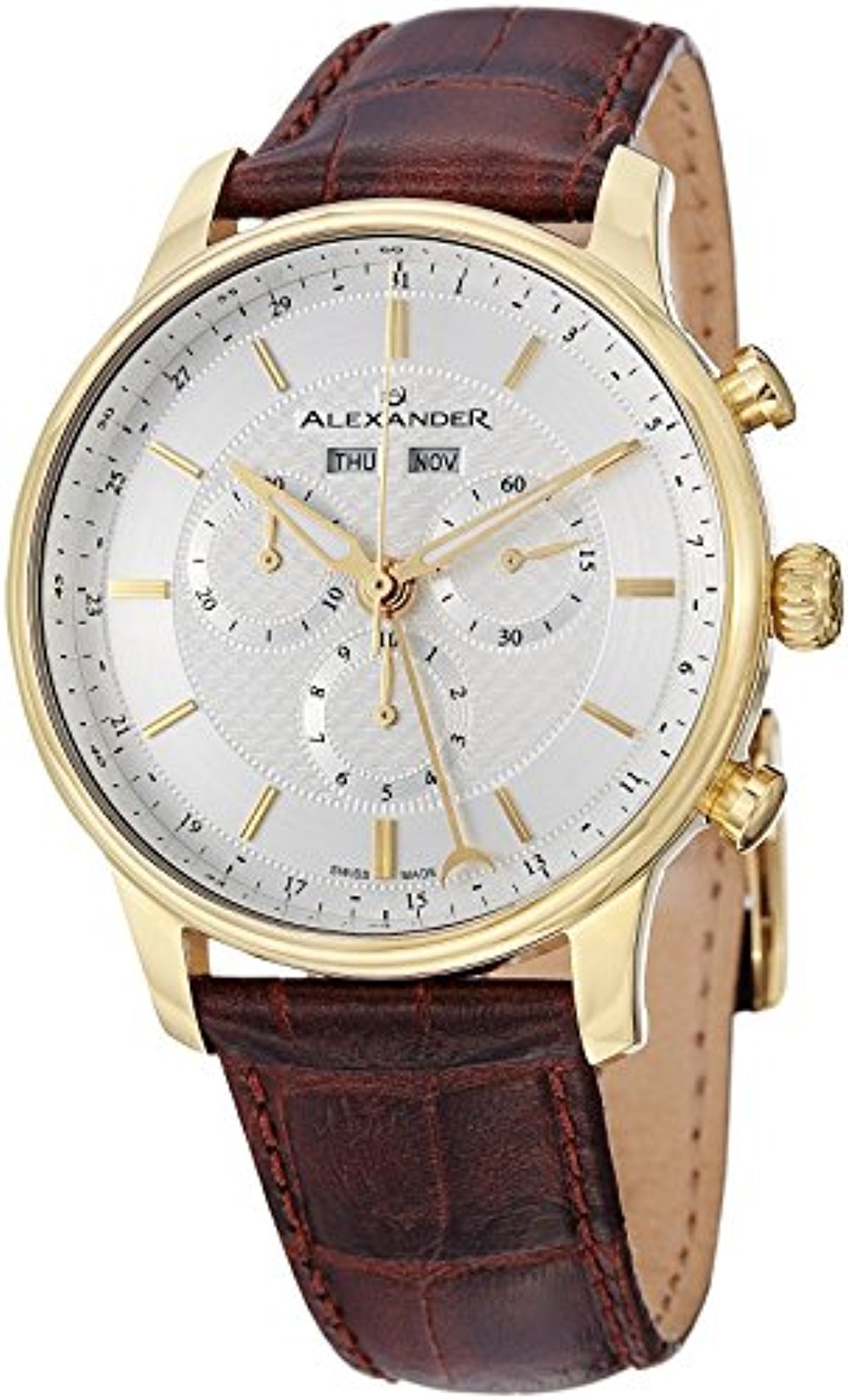Alexander Statesman Chieftain Men's Multi-function Chronograph Brown Leather Strap Yellow Gold Plated Swiss Made Watch A101-03