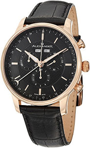 Alexander Statesman Chieftain Men's Multi-function Chronograph Black Leather Strap Rose Gold Plated Swiss Made Watch A101-04